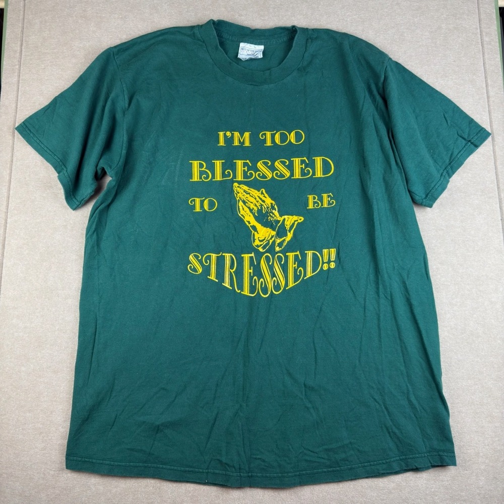 Y2K Christian Graphic T-Shirt‎ XL Green Praying Hands Bible Religious Tee